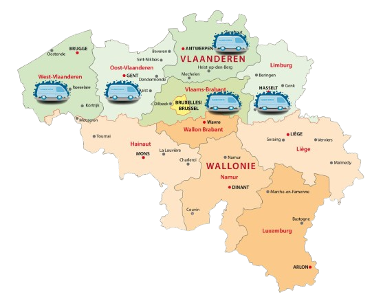 Kaart met onze interventiezone in België - Aqua&Deb is actief in heel Vlaanderen en Brussel